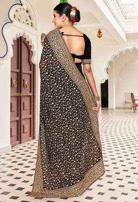 Black georgette zari embroidered & zircon work saree 3