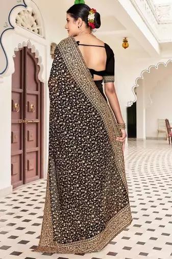 Black color georgette zari embroidered & zircon work saree
