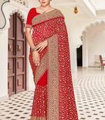 Red color georgette zari embroidered & zircon work saree