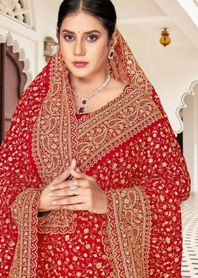 Red color georgette zari embroidered & zircon work saree 2