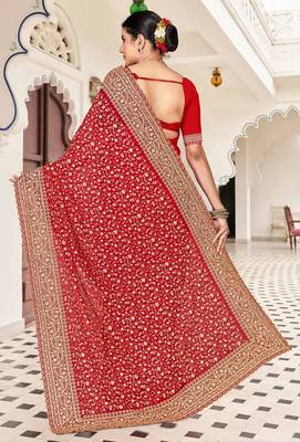 Red color georgette zari embroidered & zircon work saree 3