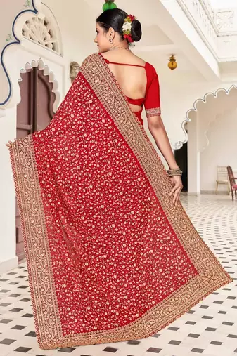 Red color georgette zari embroidered & zircon work saree