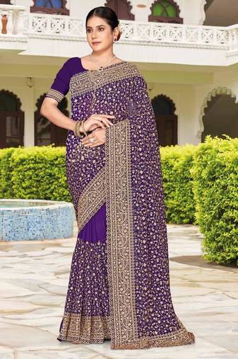 Purple color georgette zari embroidered & zircon work saree