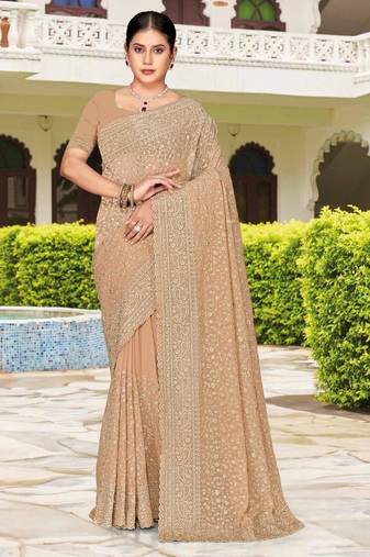 Chiku color georgette zari embroidered & zircon work saree