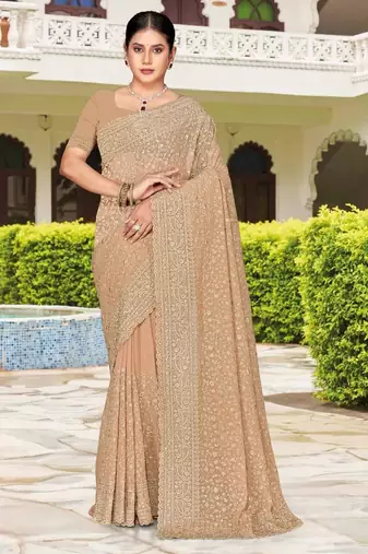 Chiku color georgette zari embroidered & zircon work saree