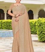 Chiku color georgette zari embroidered & zircon work saree