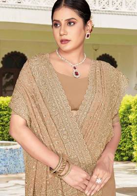 Chiku color georgette zari embroidered & zircon work saree 2