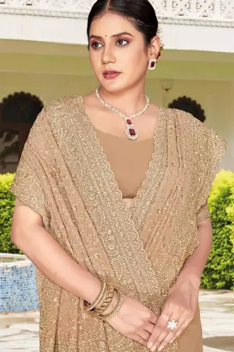 Chiku color georgette zari embroidered & zircon work saree