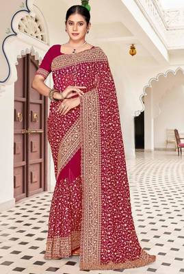 Cherry color georgette zari embroidered & zircon work saree 1