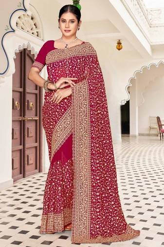 Cherry color georgette zari embroidered & zircon work saree
