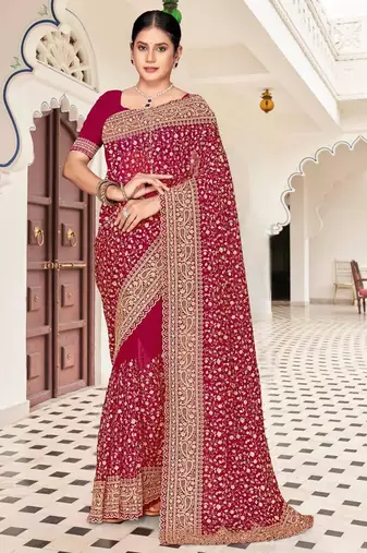 Cherry color georgette zari embroidered & zircon work saree
