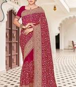 Cherry color georgette zari embroidered & zircon work saree