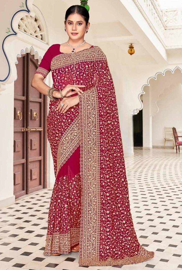 Cherry color georgette zari embroidered & zircon work saree