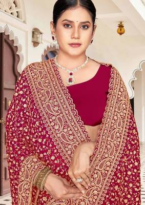Cherry color georgette zari embroidered & zircon work saree 2