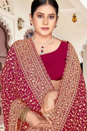 Cherry color georgette zari embroidered & zircon work saree