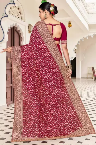 Cherry color georgette zari embroidered & zircon work saree
