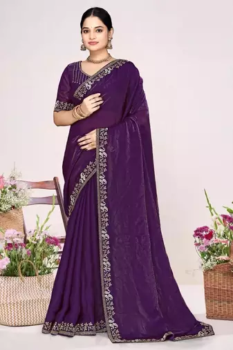 Purple color fendi satin silk two tone zircon work saree