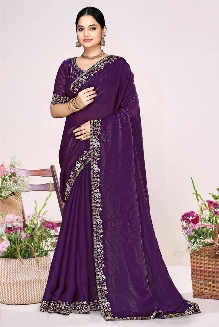Purple color fendi satin silk two tone zircon work saree