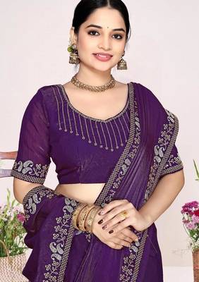 Purple fendi satin silk blend two tone zircon work saree 2