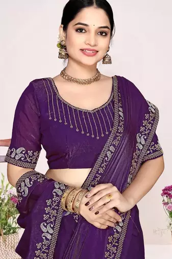 Purple color fendi satin silk blend two tone zircon work saree