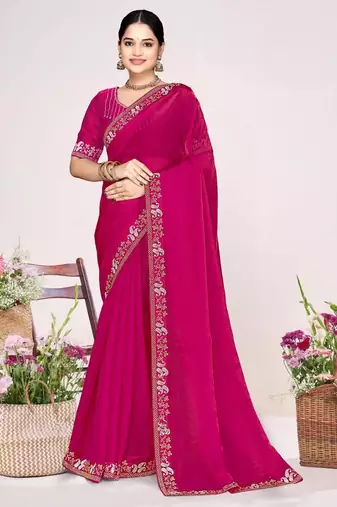 Rani color fendi satin silk two tone zircon work saree
