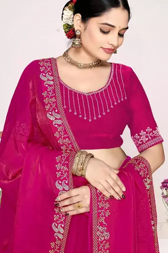 Rani color fendi satin silk blend two tone zircon work saree