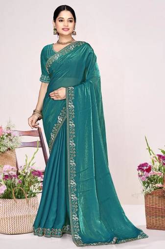 Firozi color fendi satin silk two tone zircon work saree