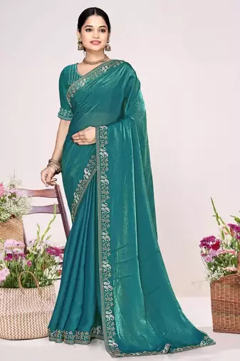 Firozi color fendi satin silk two tone zircon work saree