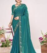 Firozi color fendi satin silk two tone zircon work saree