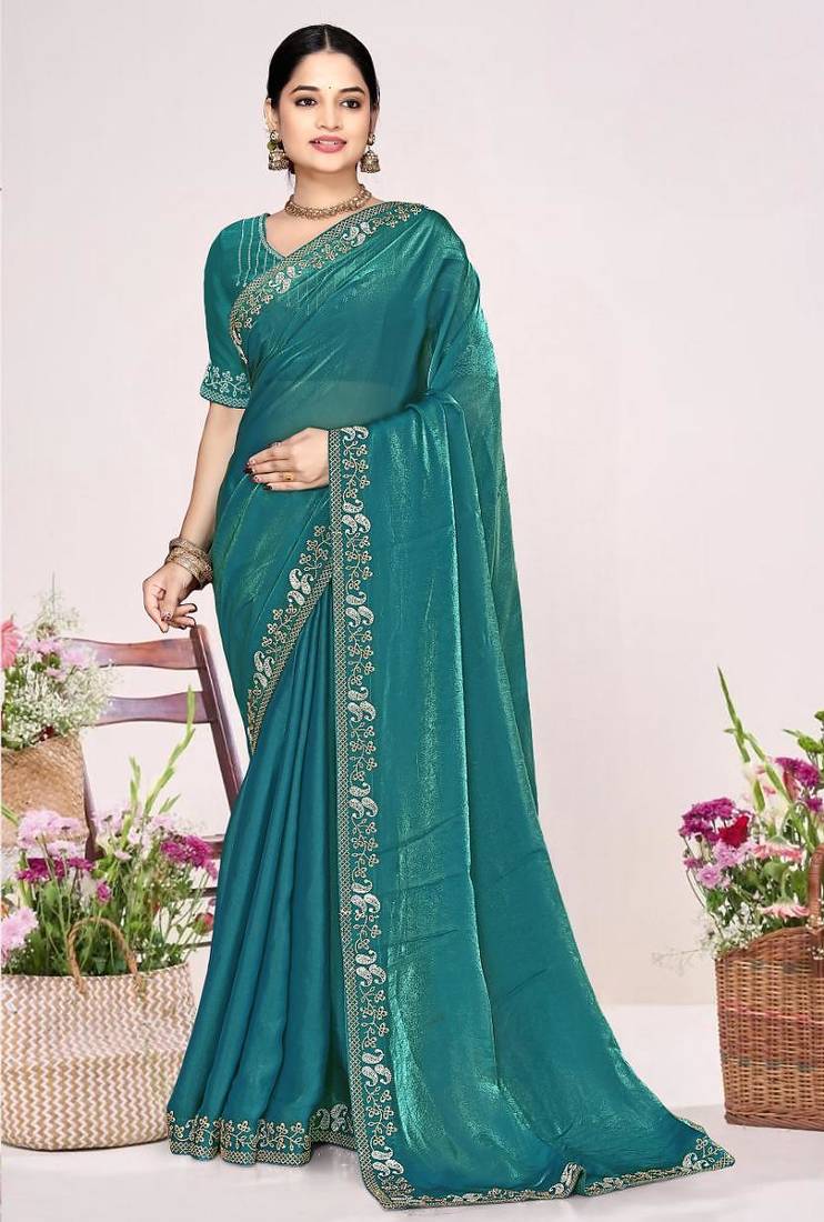 Firozi color fendi satin silk two tone zircon work saree