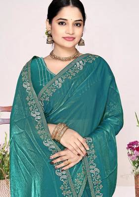 Firozi color fendi satin silk blend two tone zircon work saree 2
