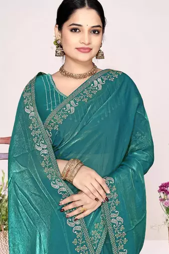 Firozi color fendi satin silk blend two tone zircon work saree