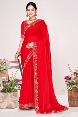 Red color fendi satin silk blend two tone zircon work saree 1