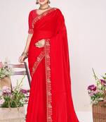 Red color fendi satin silk two tone zircon work saree