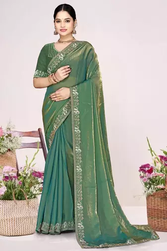 Ice blue color fendi satin silk two tone zircon work saree