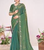 Ice blue color fendi satin silk two tone zircon work saree