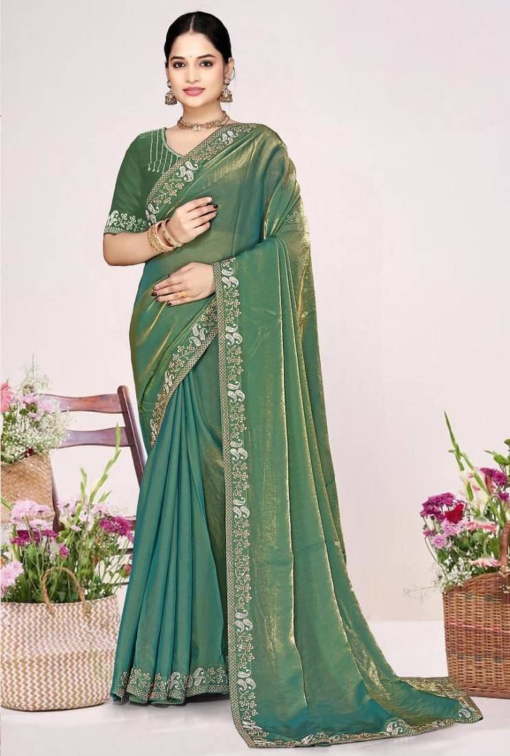 Ice blue color fendi satin silk two tone zircon work saree