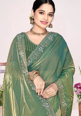 Ice blue color fendi satin silk blend two tone zircon work saree 2