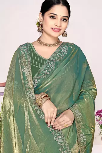 Ice blue color fendi satin silk blend two tone zircon work saree