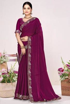 Wine color fendi satin silk blend two tone zircon work saree 1