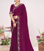Wine color fendi satin silk two tone zircon work saree