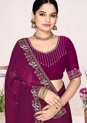Wine color fendi satin silk blend two tone zircon work saree 2