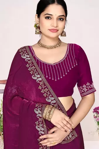 Wine color fendi satin silk blend two tone zircon work saree