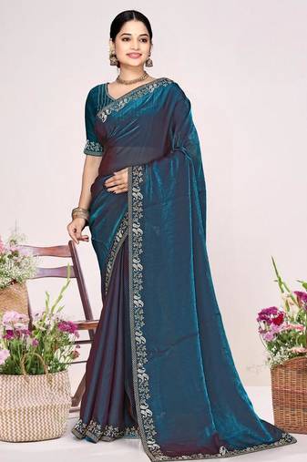 Morpeach color fendi satin silk two tone zircon work saree