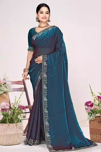 Morpeach color fendi satin silk two tone zircon work saree