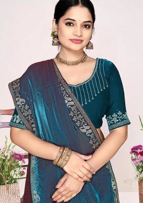 Morpeach color fendi satin silk blend two tone zircon work saree 2