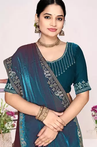 Morpeach color fendi satin silk blend two tone zircon work saree
