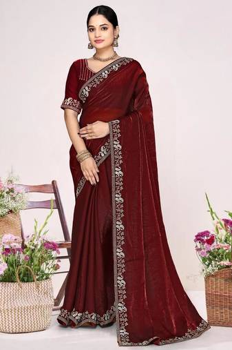 Maroon color fendi satin silk two tone zircon work saree