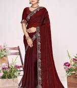 Maroon color fendi satin silk two tone zircon work saree