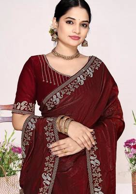 Maroon color fendi satin silk blend two tone zircon work saree 2